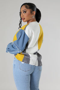 Denim Sleeves Color Block Knit Sweater